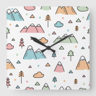 Cute Hand Drawn Mountain Scene Pattern Square Wall Clock
