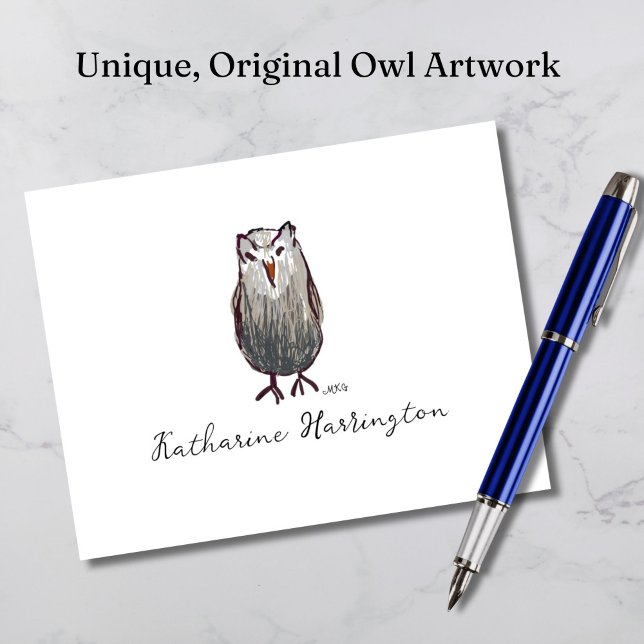 Cute Hand-Drawn Owl Whimsical Monogram Wildlife Note Card (Our cute owl note card features original art, in soft natural shades of black, white, and gray.)