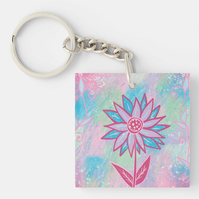 Cute Hand-drawn Pastel Flower Key Ring (Front)
