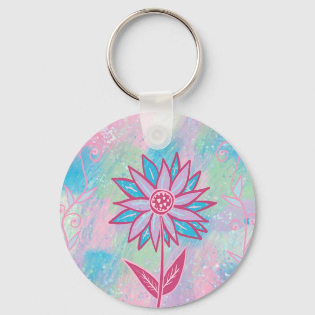 Cute Hand-drawn Pastel Flower Key Ring (Front)