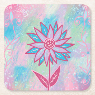 Cute Hand-drawn Pastel Flower Square Paper Coaster