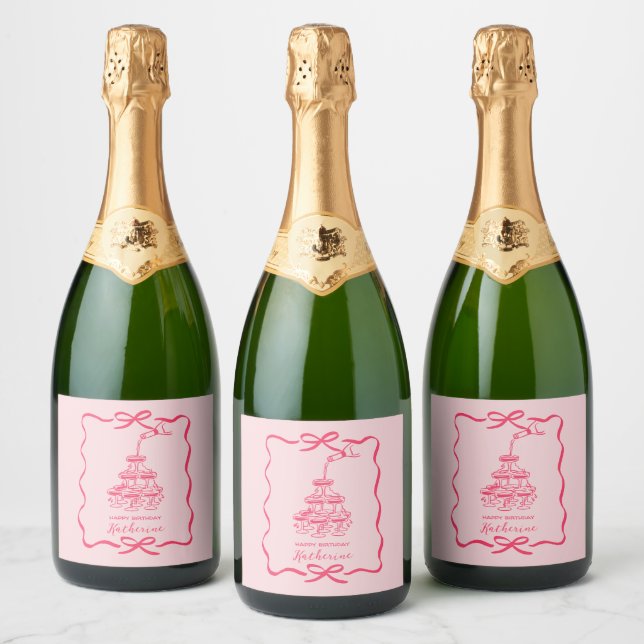 Cute Hand Drawn Pink Champagne Tower Birthday  Sparkling Wine Label (Bottles)