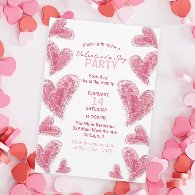 Cute Hand-Drawn Pink Hearts Valentine's Day Party Invitation (Creator Uploaded)
