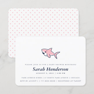 Cute Hand-Drawn Pink Shark Baby Shower Girl Invitation