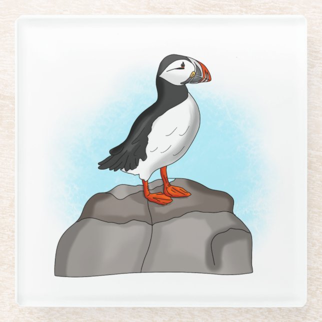 Cute Hand drawn Puffin Glass Coaster (Front)