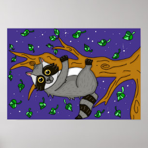 Cute Hand Drawn Racoon Hanging from Tree Branch Poster