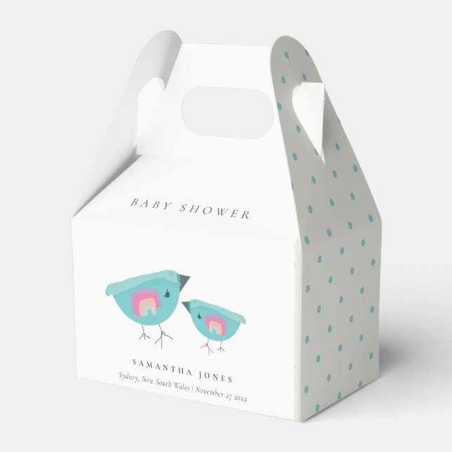 Cute Hand Drawn Rainbow Blue Birdy Baby Shower Favour Box (Front Side)