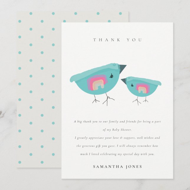 Cute Hand Drawn Rainbow Blue Birdy Baby Shower Thank You Card (Front/Back)