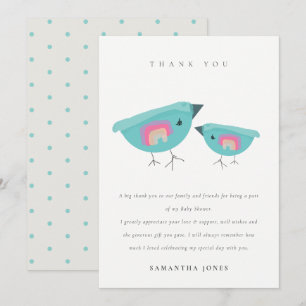 Cute Hand Drawn Rainbow Blue Birdy Baby Shower Thank You Card