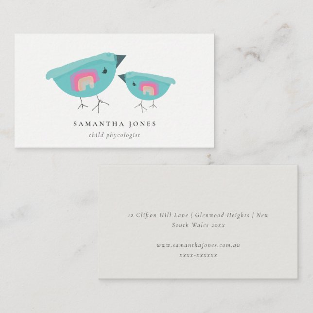 Cute Hand Drawn Rainbow Blue Birdy Mother Baby Business Card (Front/Back)