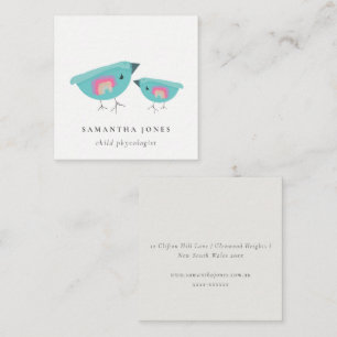 Cute Hand Drawn Rainbow Blue Birdy Mother Baby Square Business Card
