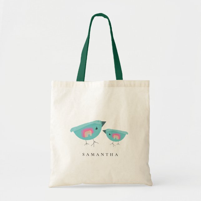 Cute Hand Drawn Rainbow Blue Birdy Mother Baby Tote Bag (Front)