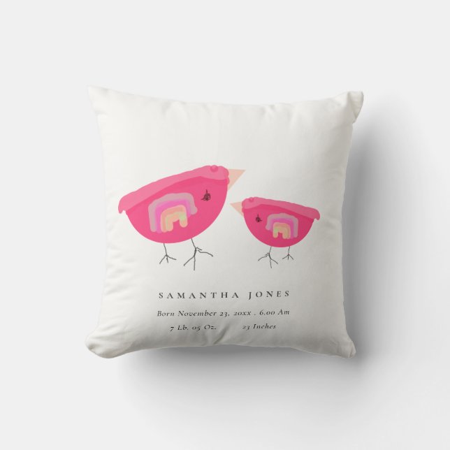 Cute Hand Drawn Rainbow Pink Birdy Baby Birth Stat Cushion (Front)