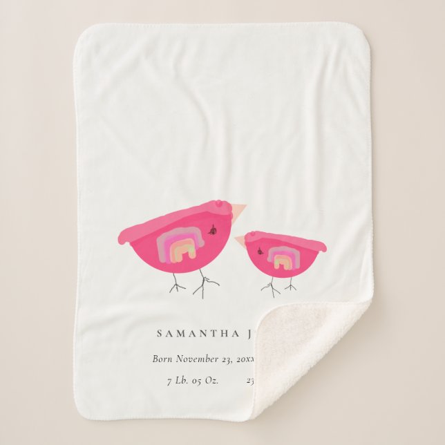 Cute Hand Drawn Rainbow Pink Birdy Baby Birth Stat Sherpa Blanket (Front)