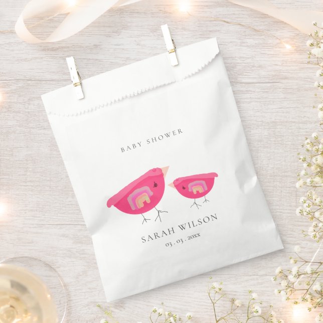 Cute Hand Drawn Rainbow Pink Birdy Baby Shower Favour Bags (Clipped)