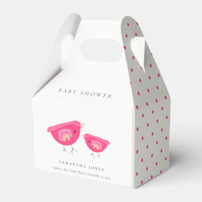 Cute Hand Drawn Rainbow Pink Birdy Baby Shower Favour Box (Front Side)