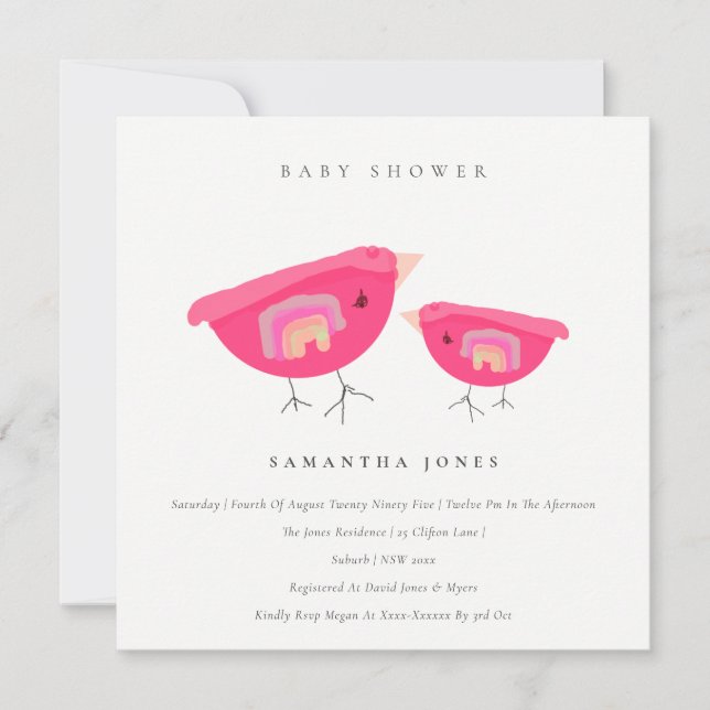 Cute Hand Drawn Rainbow Pink Birdy Baby Shower Invitation (Front)