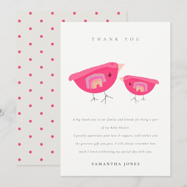 Cute Hand Drawn Rainbow Pink Birdy Baby Shower Thank You Card (Front/Back)