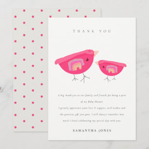 Cute Hand Drawn Rainbow Pink Birdy Baby Shower Thank You Card