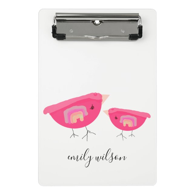 Cute Hand Drawn Rainbow Pink Birdy Mother Baby Mini Clipboard (Front)