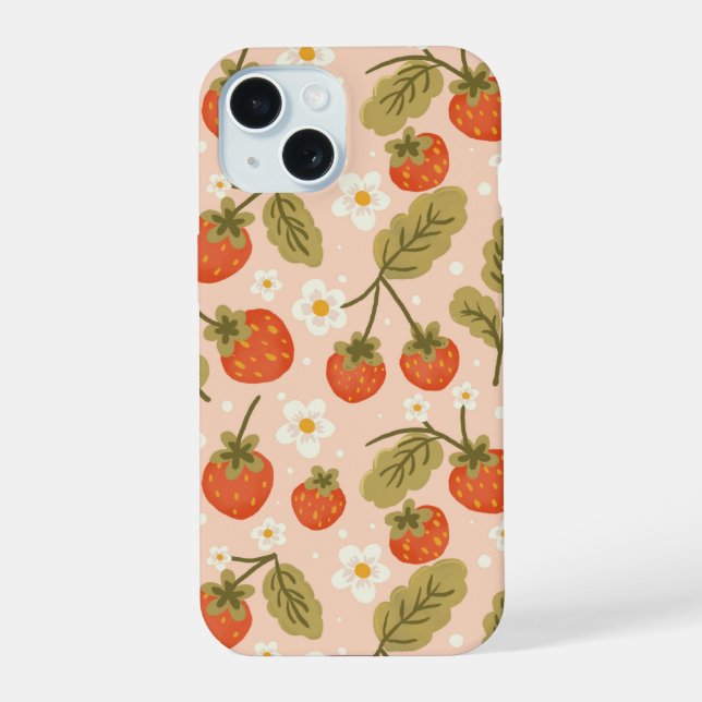 Cute Hand-drawn Red Strawberry Seamless Pattern iPhone 15 Case (Back)