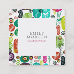 Cute Hand Drawn Retro Flowers Children Education Square Business Card
