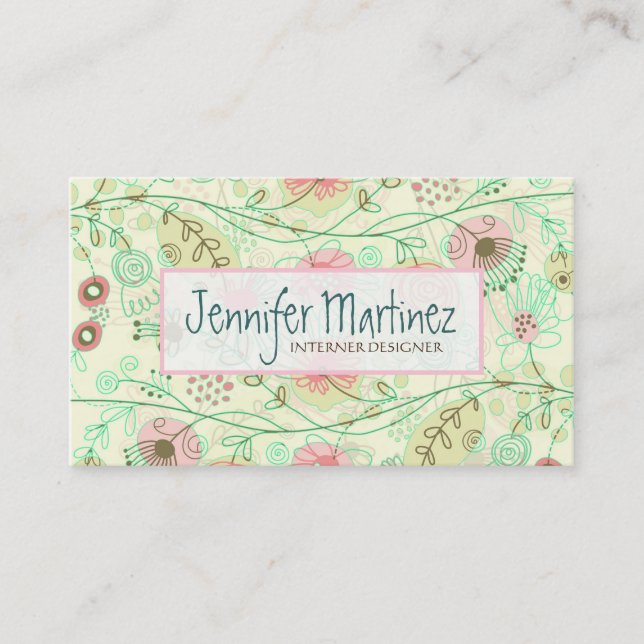 Cute Hand Drawn Retro Flowers Green & Beige Business Card (Front)