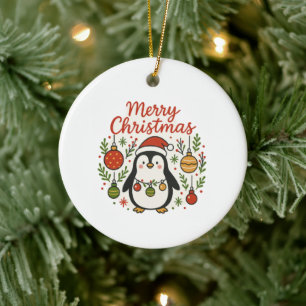 Cute Hand-Drawn Santa Hat Penguin Christmas Ceramic Tree Decoration