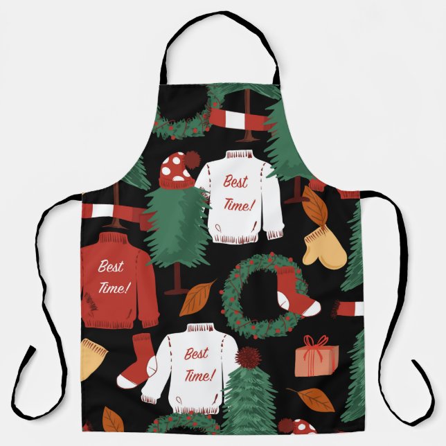 Cute hand drawn Seamless pattern with Christmas tr Apron (Front)