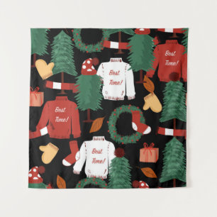 Cute hand drawn Seamless pattern with Christmas tr Tapestry