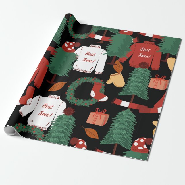 Cute hand drawn Seamless pattern with Christmas tr Wrapping Paper (Unrolled)