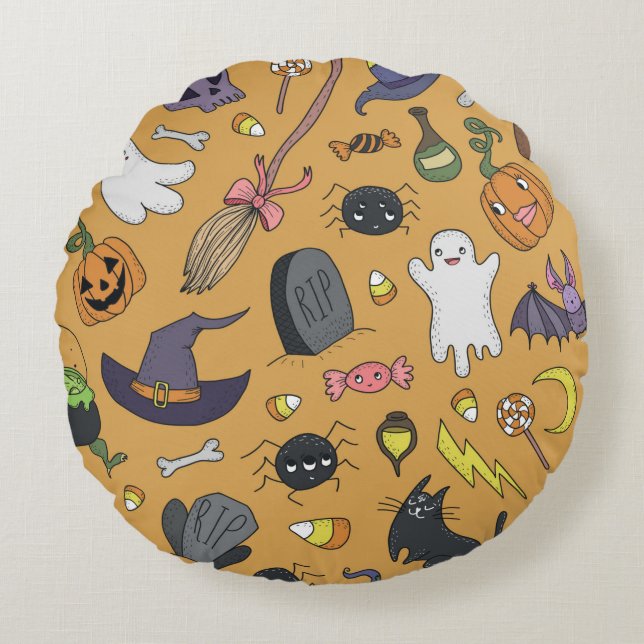 Cute hand drawn seamless patterns with cute hand d round cushion (Front)