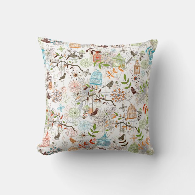 Cute Hand Drawn Sketch of Birds and Bird Cages Cushion (Front)