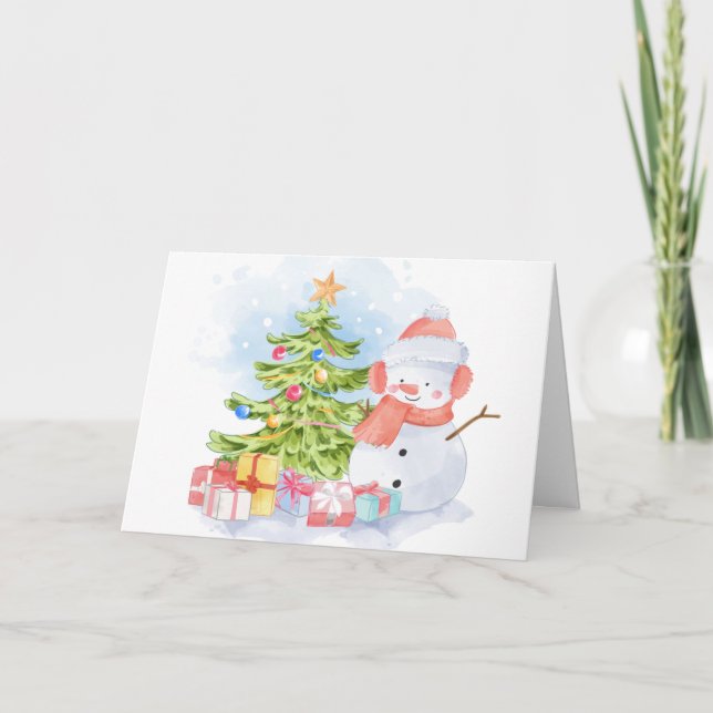 Cute Hand drawn Snowman & Tree Christmas Holiday Card (Front)
