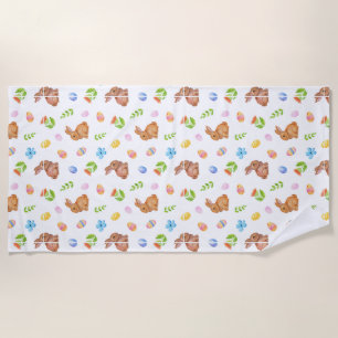 Cute Hand Drawn Spring Bunny Garden Beach Towel