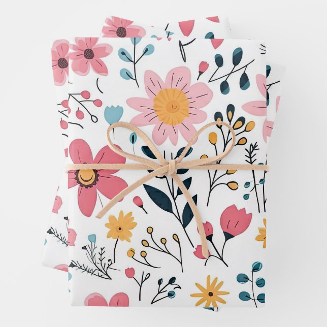 Cute Hand Drawn Spring Florals Wrapping Paper Sheet (In situ)