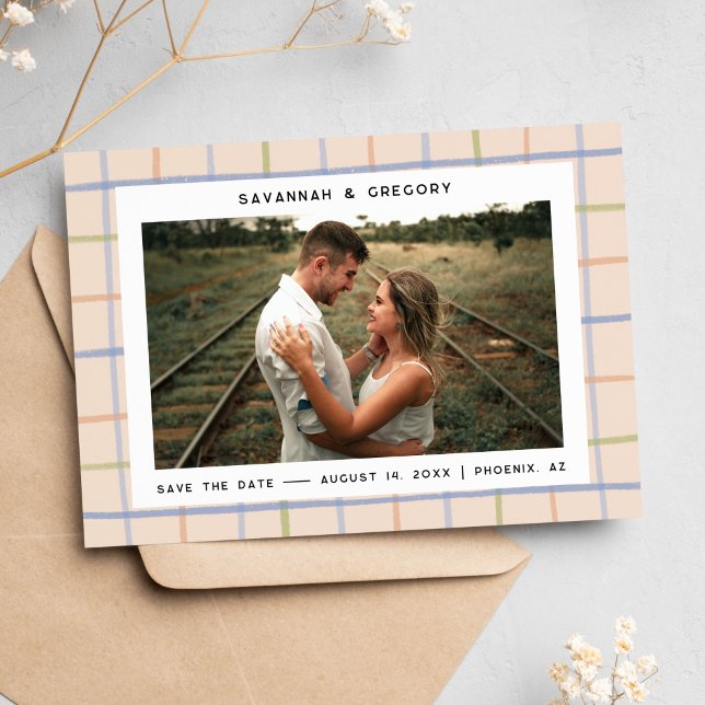 Cute Hand-Drawn Stripes 1-Photo Save the Date (modern save the date with picnic blanket design)