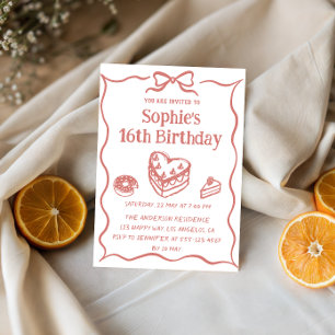 Cute Hand-Drawn Sweets & Ribbon Sweet 16 Birthday Invitation