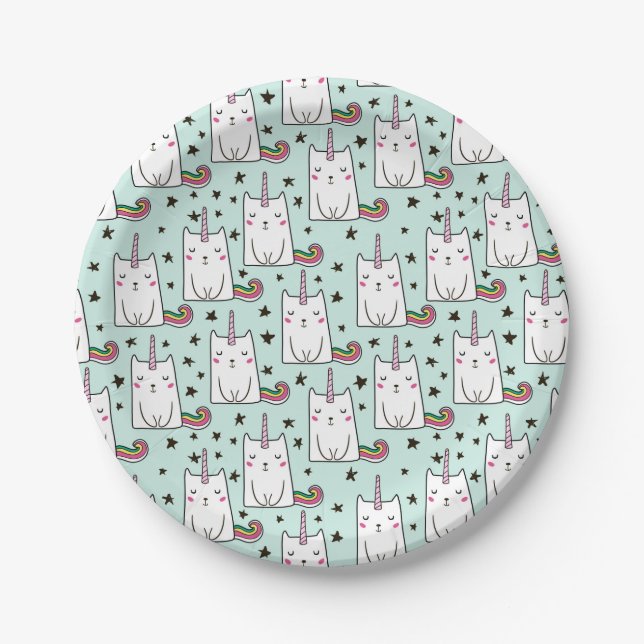 Cute Hand Drawn Unicorn Cat Pattern Paper Plate (Front)