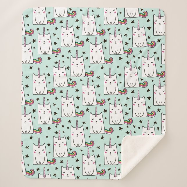 Cute Hand Drawn Unicorn Cat Pattern Sherpa Blanket (Front)