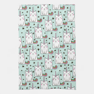 Cute Hand Drawn Unicorn Cat Pattern Tea Towel