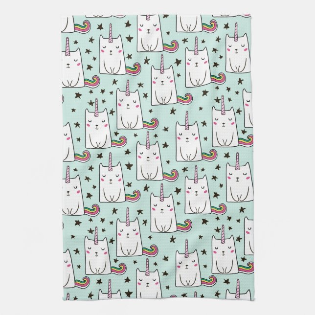 Cute Hand Drawn Unicorn Cat Pattern Tea Towel (Vertical)