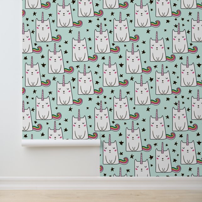 Cute Hand Drawn Unicorn Cat Pattern Wallpaper (Application)