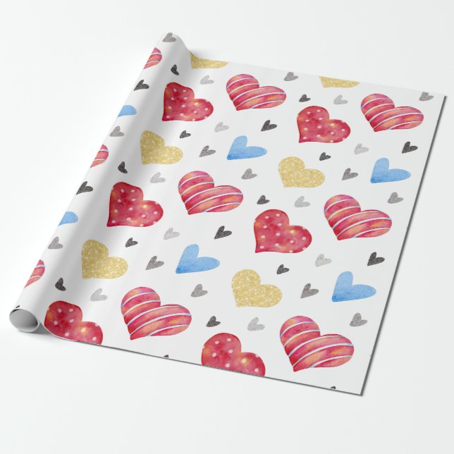 Cute Hand Drawn Valentines Hearts Pattern Wrapping Paper (Unrolled)