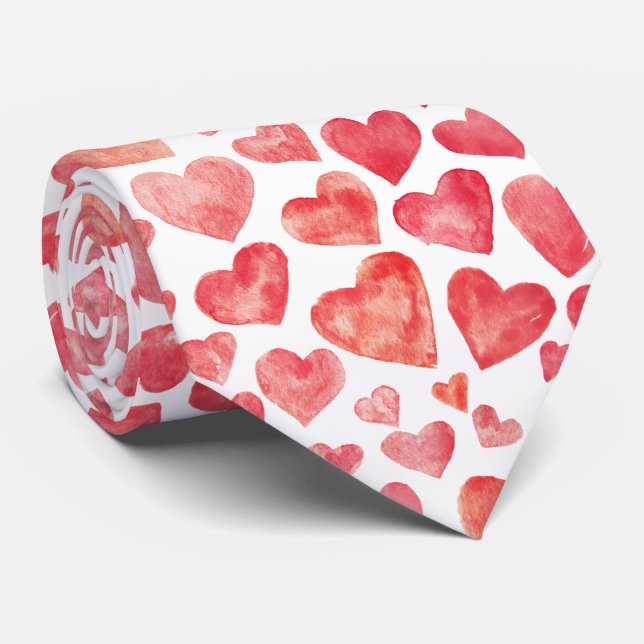Cute Hand-drawn Watercolor Red Valentine's Hearts Tie (Rolled)