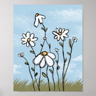 Cute Hand-Drawn White Daisies Watercolor Art Poster