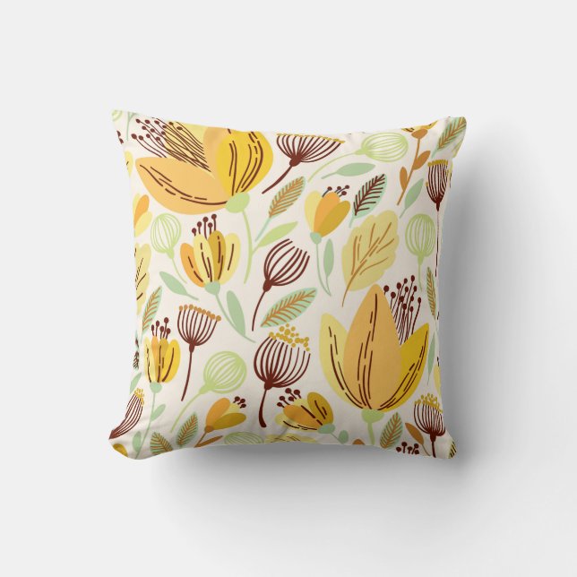 Cute Hand Drawn Yellow Floral Pattern Cushion (Front)