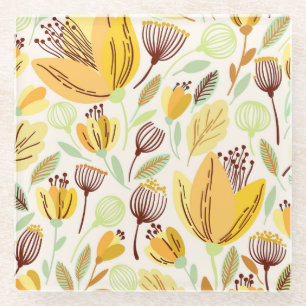 Cute Hand Drawn Yellow Floral Pattern Glass Coaster