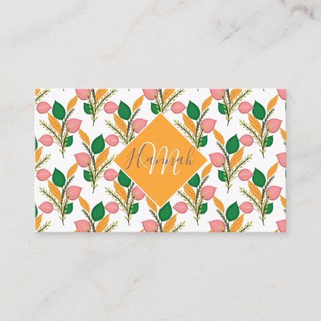 Cute Hand Paint Green Foliage Pink Design Business Card (Front)