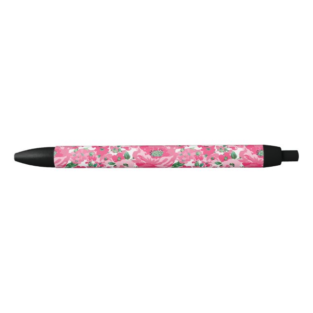 Cute Hand Paint Pink Flowers Elegant White Design Black Ink Pen (Front)